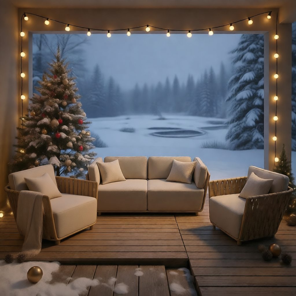 Модульный диван, украшенный теплыми гирляндами