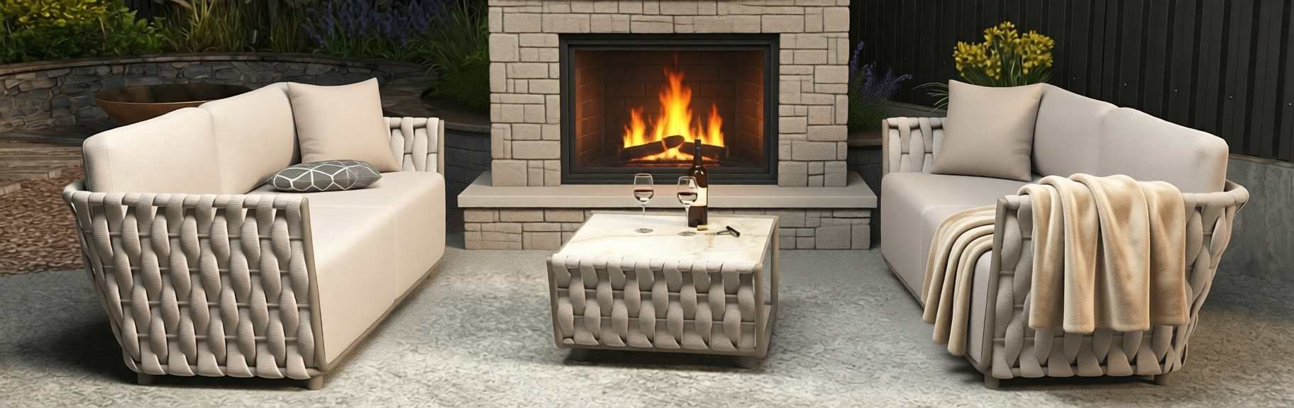 Параллельная расстановка диванов по сторонам от очага