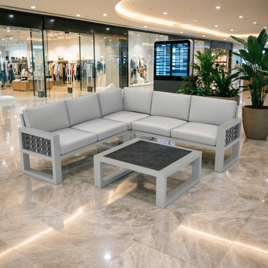 Зона ожидания у торгового центра с мебелью, навесом и доступной средой