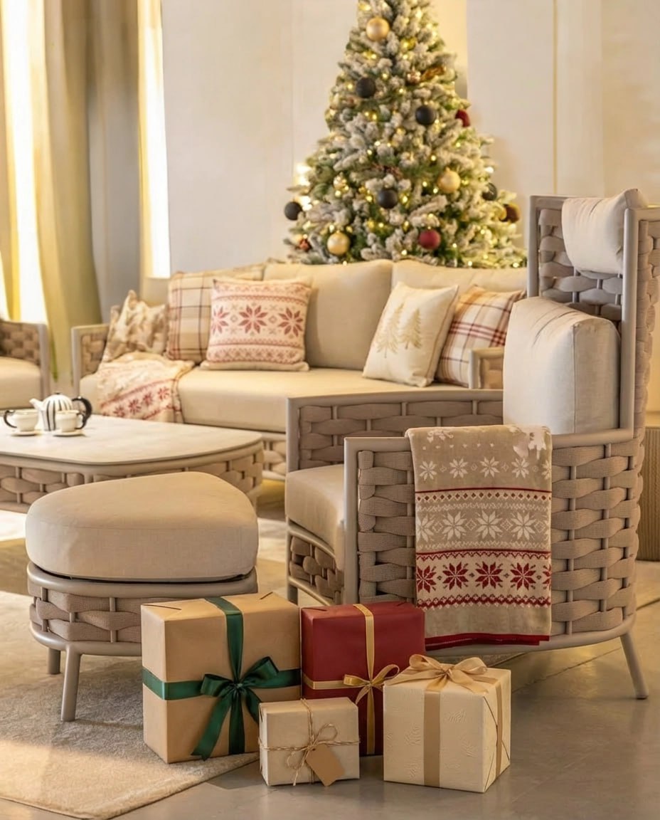 Новогодняя лаунж-зона с украшенной мебелью Sunny Blioni